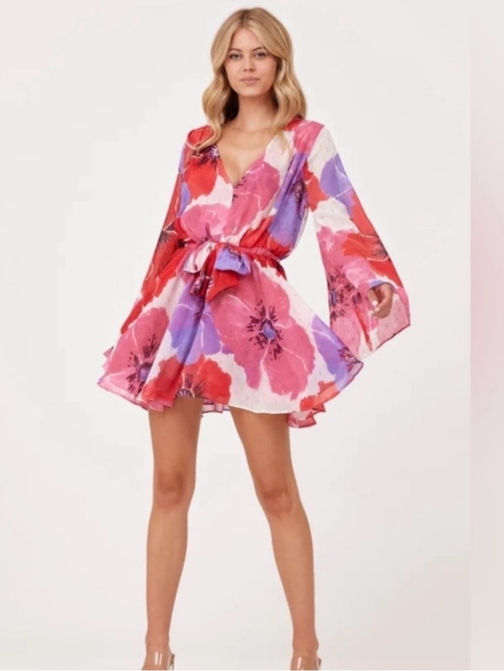 Misa La Pink and Purple Floral Mini Dress with Bell Sleeve Size XS